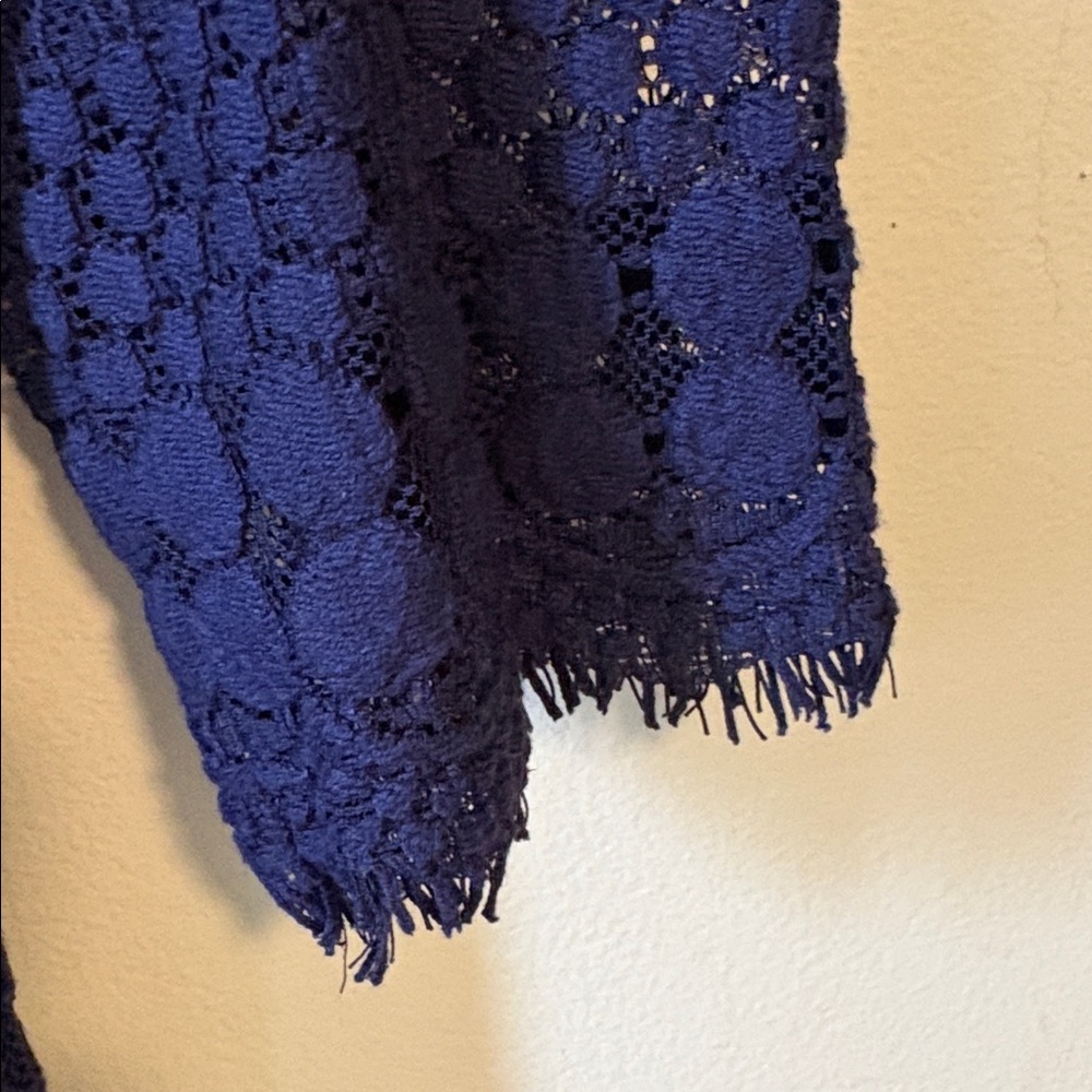 Navy open weave a-line dress with cream lining. Fringe details on sleeves/hem. - Picture 4 of 7